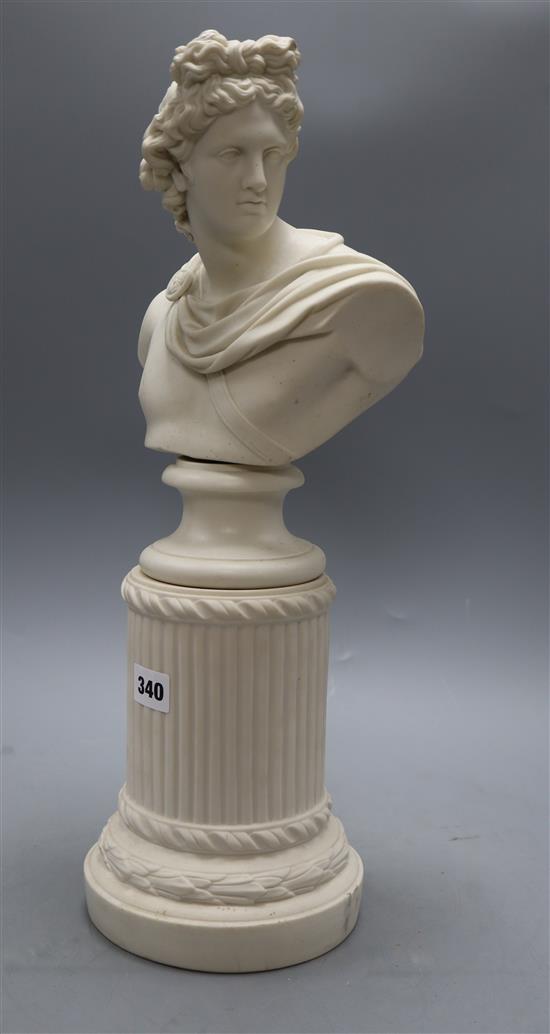 After the Antique, a parian bust of the Apollo Belvedere, on a pillar, height 50cm